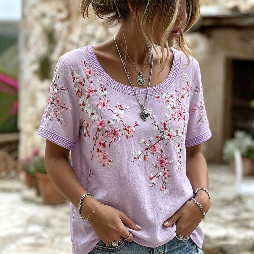 Women's Vintage  Japanese Cherry Blossom Art Round Neck Short Sleeve T-shirt