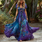 Women's Retro Rose Floral Gradient Pattern V-neck Short Sleeve Dress