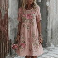 Retro Rose And Floral Printed Pattern Short Sleeve Mini Dress