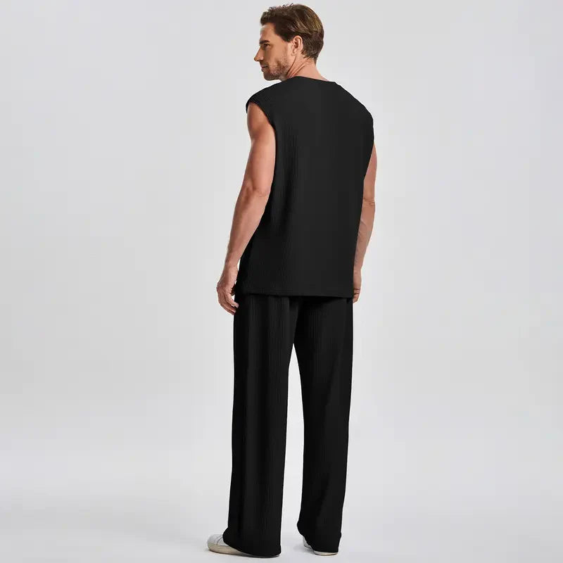 📦📦Mens 2 Piece Rib Knit Sweatsuit Tank Top Baggy Wide Leg Pants Set Vacation Beach Outfit for Men