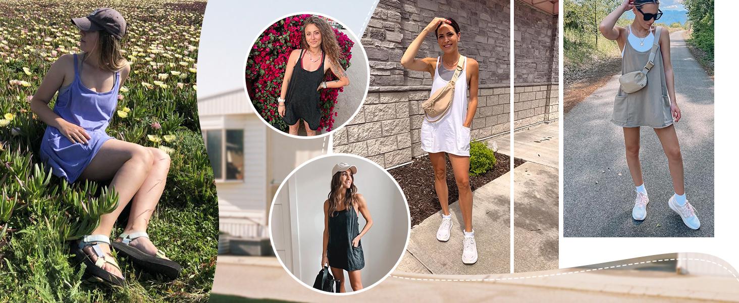💝💝 Women's Summer Sleeveless Mini Dress with Built-in Shorts V Neck Spaghetti Straps Athletic Shorts Tennis Dress with Pockets