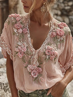 Women's Spring Floral Embroidered Art Print Flowy Linen Blend Short Sleeve Casual Tops