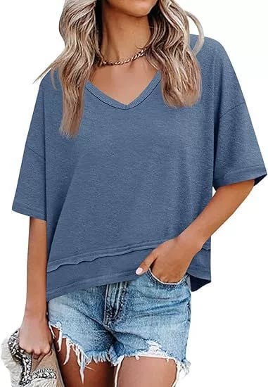 📦📦Womens Summer V Neck T Shirts Casual Short Sleeve Flowy Tops Cute Loose Fit Basic Tees Summervibes