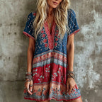 Women's Vintage Rose Flag Art Print Mini Boho Dress