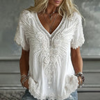 Women's Wing Rose Embroidery Art V Neck Short Sleeve T-shirt