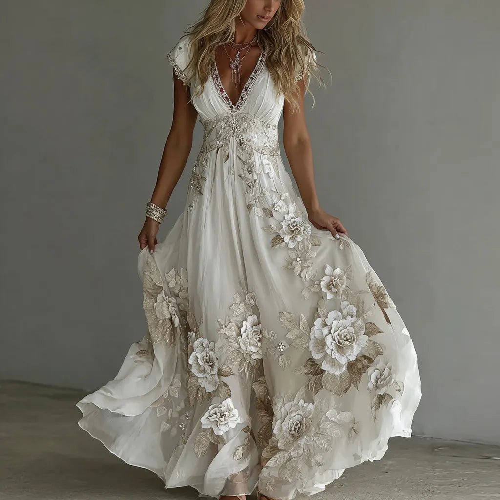 Women's Vintage Boho Floral Art  Short-sleeved Maxi Dress