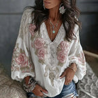 Women's Retro Floral Embroidered Art Print Flowy Linen Blend Casual Tops