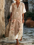 Women's Floral Embroidery Art Blended Washed Cotton Linen Flowy V-neck Dress