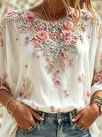 Women's Retro Bohemian Style Rose Print Comfortable Cotton Linen Top