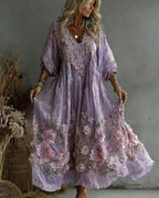 Women's Retro Floral Art Flowy Linen Blend Casual Long Sleeve Maxi Dress