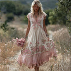 Boho Pink Floral Embroidered Lace Trim Flowy Linen Maxi Dress