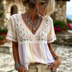 Women's Retro Floral Art Embroidered Color-block Spliced Comfortable Cotton Linen V-neck Short Sleeve Top