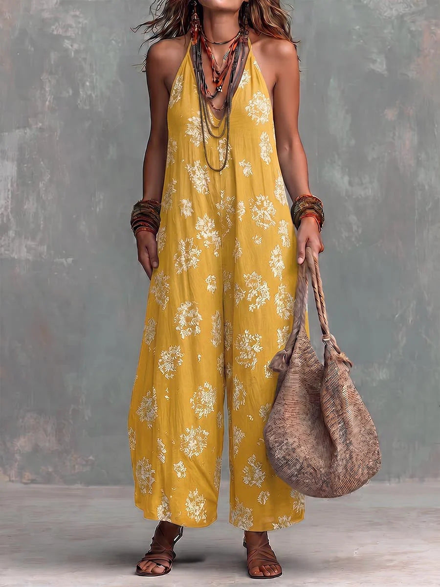 📦📦LAST DAY SAVE 49% ⏰Women's Yellow Boho Floral Halter Wide-Leg Jumpsuit