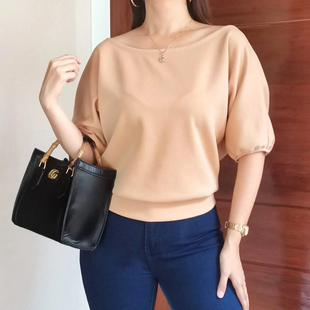 💝💝Elegant Off-Shoulder Batwing Sleeve Blouse – Soft Solid Color Casual Top
