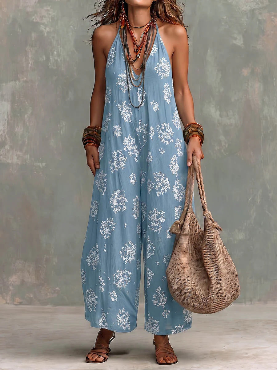 📦📦LAST DAY SAVE 49% ⏰Women's Yellow Boho Floral Halter Wide-Leg Jumpsuit