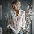 Women's Vintage Flowers Embroidered Linen Long Sleeve Shirt