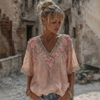 Women's Vintage Spring Floral Embroidered Art Print Flowy Linen Blend Short Sleeve Casual Tops