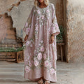 Women's Vintage Floral Art Flowy Linen Blend Casual Long Sleeve Maxi Dress