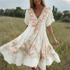 Women's Pink Floral Art Print Flowy Linen Blend Casual Short Sleeve Dress