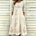 Women's Retro Floral Art Embroidered Patchwork Linen Blend Short Sleeve Dress