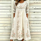 Women's Retro Floral Art Embroidered Patchwork Linen Blend Short Sleeve Dress