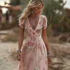 Vintage Boho Pink Roses Art Short Sleeve Maxi Dress