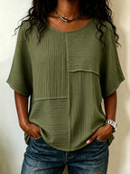 🔥CLEARANCE SALE🔥Women's Textured Patchwork Top with Round Neck and Short Sleeves