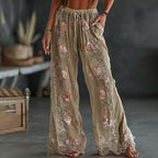Women's Vintage Spring Floral Embroidered Art Print Flowy Linen Blend Casual Pants