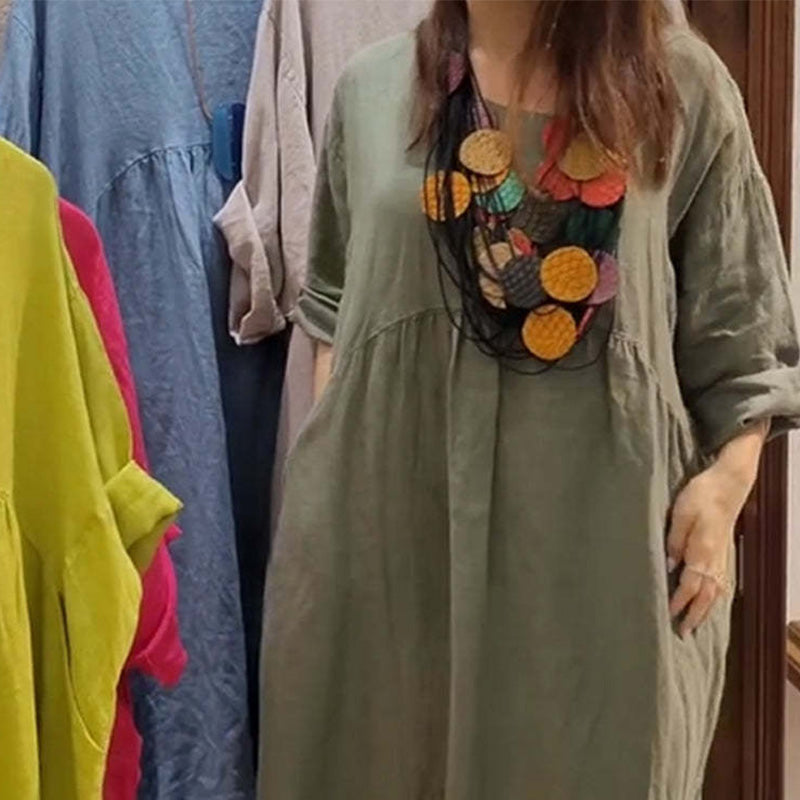 💝💝Last Day Sale 49% Off💃Women's Casual Loose Round Neck Solid Color Dress with 3/4 Sleeves & Pockets