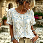 Women's Retro Floral Embroidered Patchwork Art Round Neck Linen Blend T-shirt