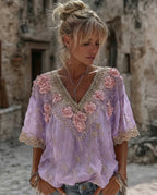 Women's Vintage Spring Floral Embroidered Art Print Flowy Linen Blend Short Sleeve Casual Tops