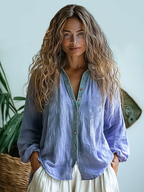 Bohemian Style Linen Print  Long Sleeve Shirt