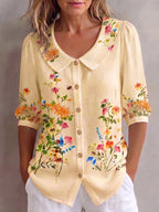 💝💝Cotton and linen shirt with artistic color blocks and lines