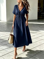 ✨⏰Women'S V-Neck Loose-Fitting Comfortable Long Solid Color Short-Sleeved Dress