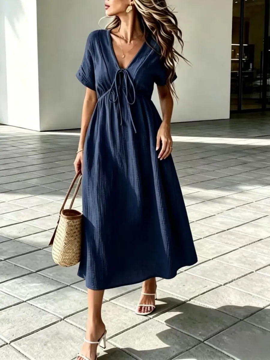 ✨⏰Women'S V-Neck Loose-Fitting Comfortable Long Solid Color Short-Sleeved Dress