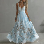 Women's Vintage Rose Embroidery Art V-neck Suspender Maxi Dress