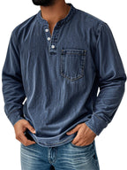 Men's Retro Stand Collar Pocket Casual Distressed Long Sleeve Henley Shirt