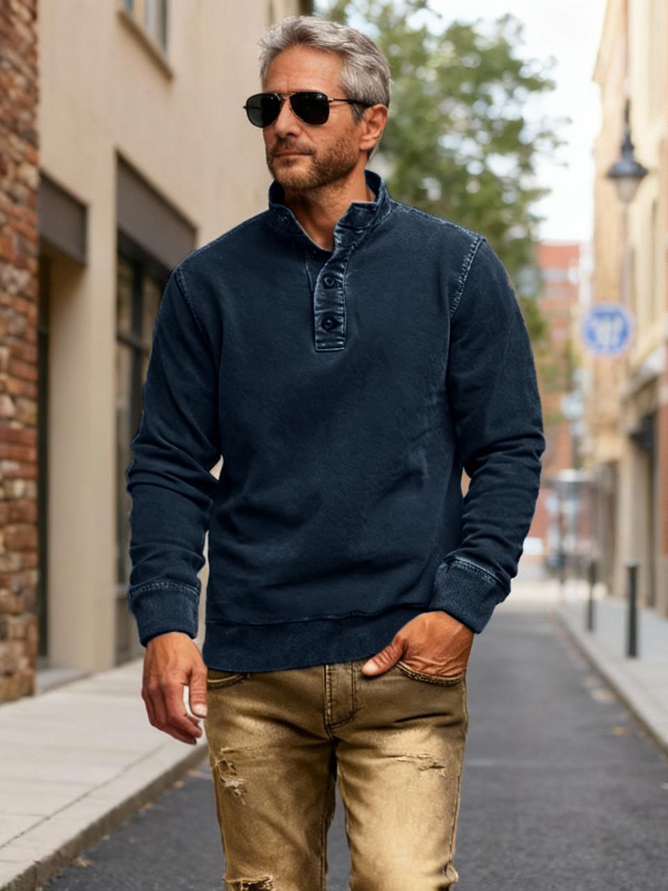 NEW🔥 Men's Retro Casual Stand Collar Button Solid Color Sweatshirt
