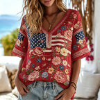 Retro Floral Banner Art Cotton Linen V-neck Short Sleeve Top