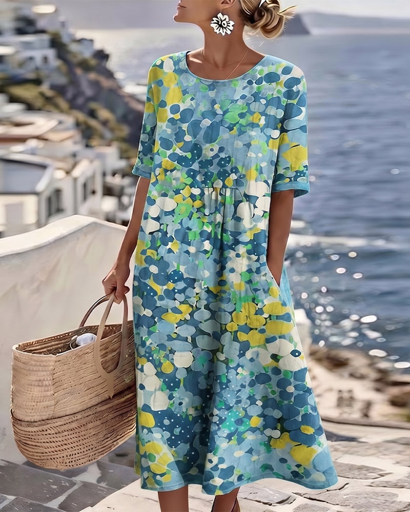 ✨⏰Robe Midi Femme Coton Lin Imprimé Floral Abstrait Poches Manches Courtes