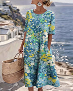 ✨⏰Robe Midi Femme Coton Lin Imprimé Floral Abstrait Poches Manches Courtes