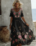 Women's Floral Art Print Flowy Linen Blend Casual Short Sleeve Maxi Dress