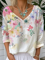 Flower Print V-neck Linen Blend T-shirt
