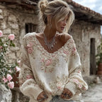 Women's Vintage Pink Flowers Art V-neck Cozy Knit Pullover Sweater