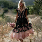 Boho Pink Floral Embroidered Lace Trim Flowy Linen Maxi Dress