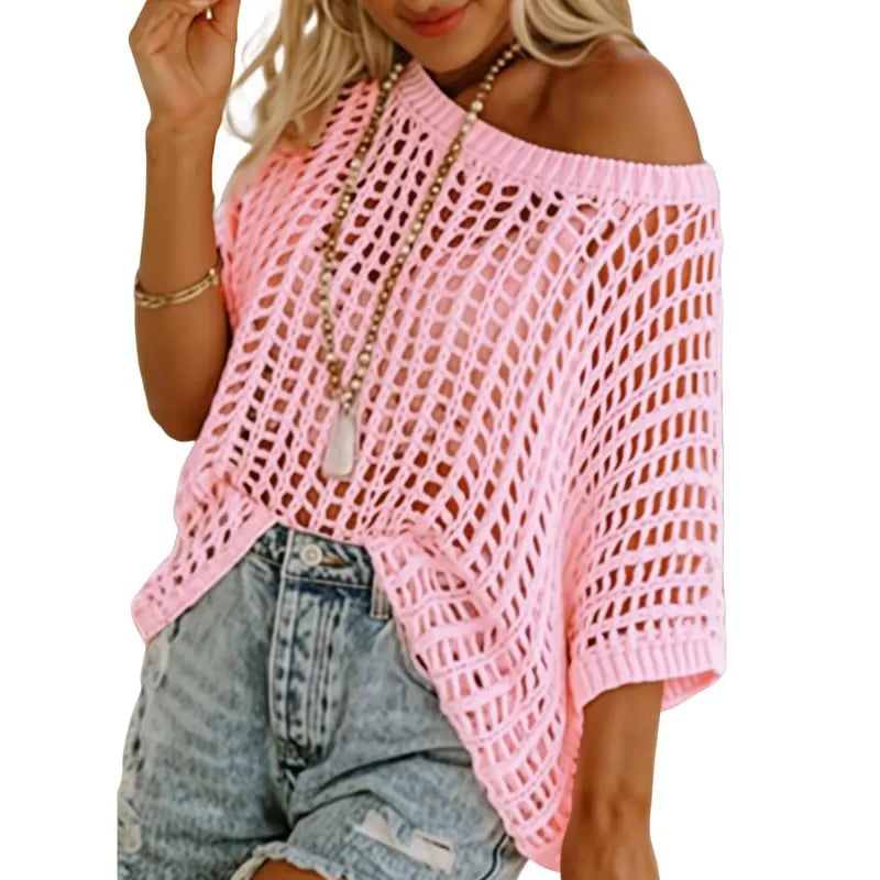 📦📦Short Sleeve Crochet Sweater Lightweight Summer Tops Loose Hollow Out Crewneck Pullover