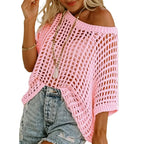 📦📦Short Sleeve Crochet Sweater Lightweight Summer Tops Loose Hollow Out Crewneck Pullover