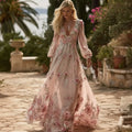 Vintage Boho Pink Floral Art V Neck Flowy Maxi Dress