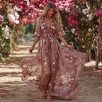 Bohème Pink Rose Sequin Light Pink V-neck Short-sleeved Dress