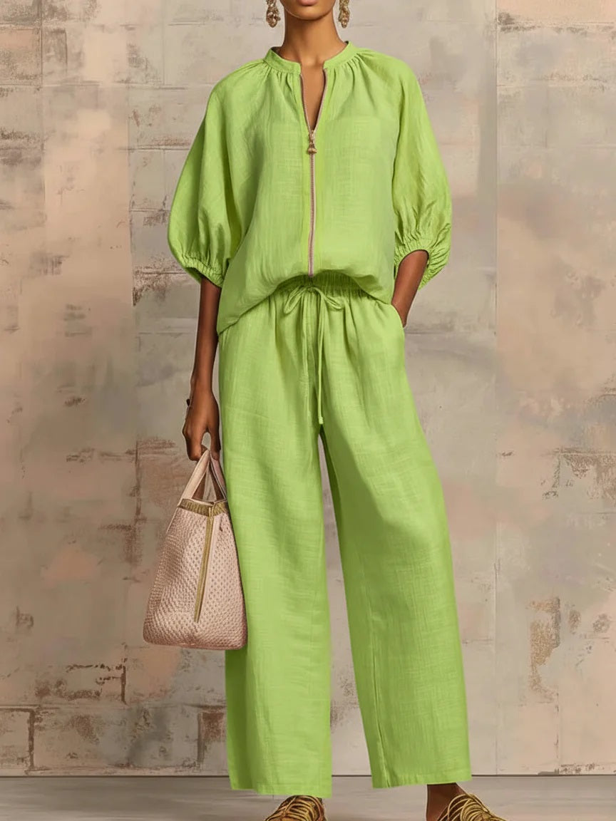 ✨⏰New Arrivals🔥 Stylish Cozy Zipper Shirt & Wide-Leg Pants Linen Cotton Two-Piece Set